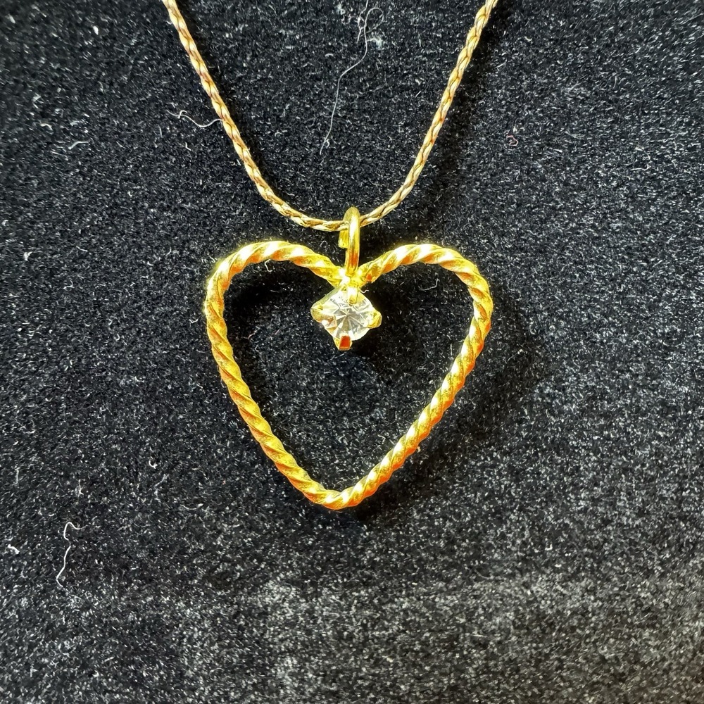 Vintage Gold Tone Open Work Twist Braided Rope Heart Necklace Faceted Rhinestone